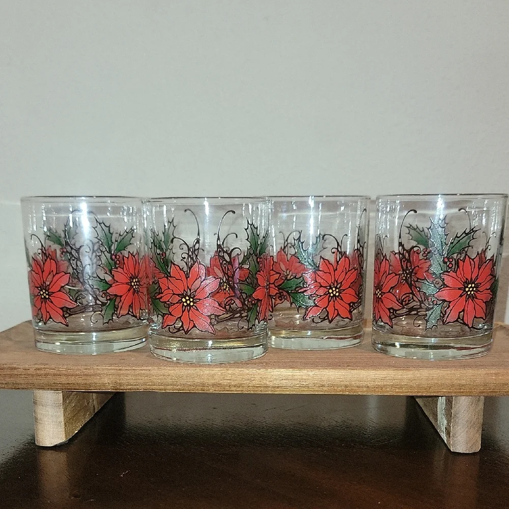 Vintage Libbey Poinsettia Red And Green Lowball Glasses Set Of 4